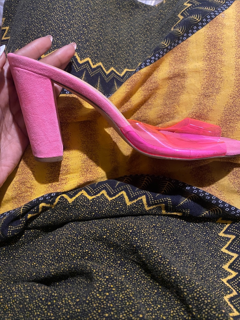 Liliana Pink Block Heel Mules with Clear Pink Strap